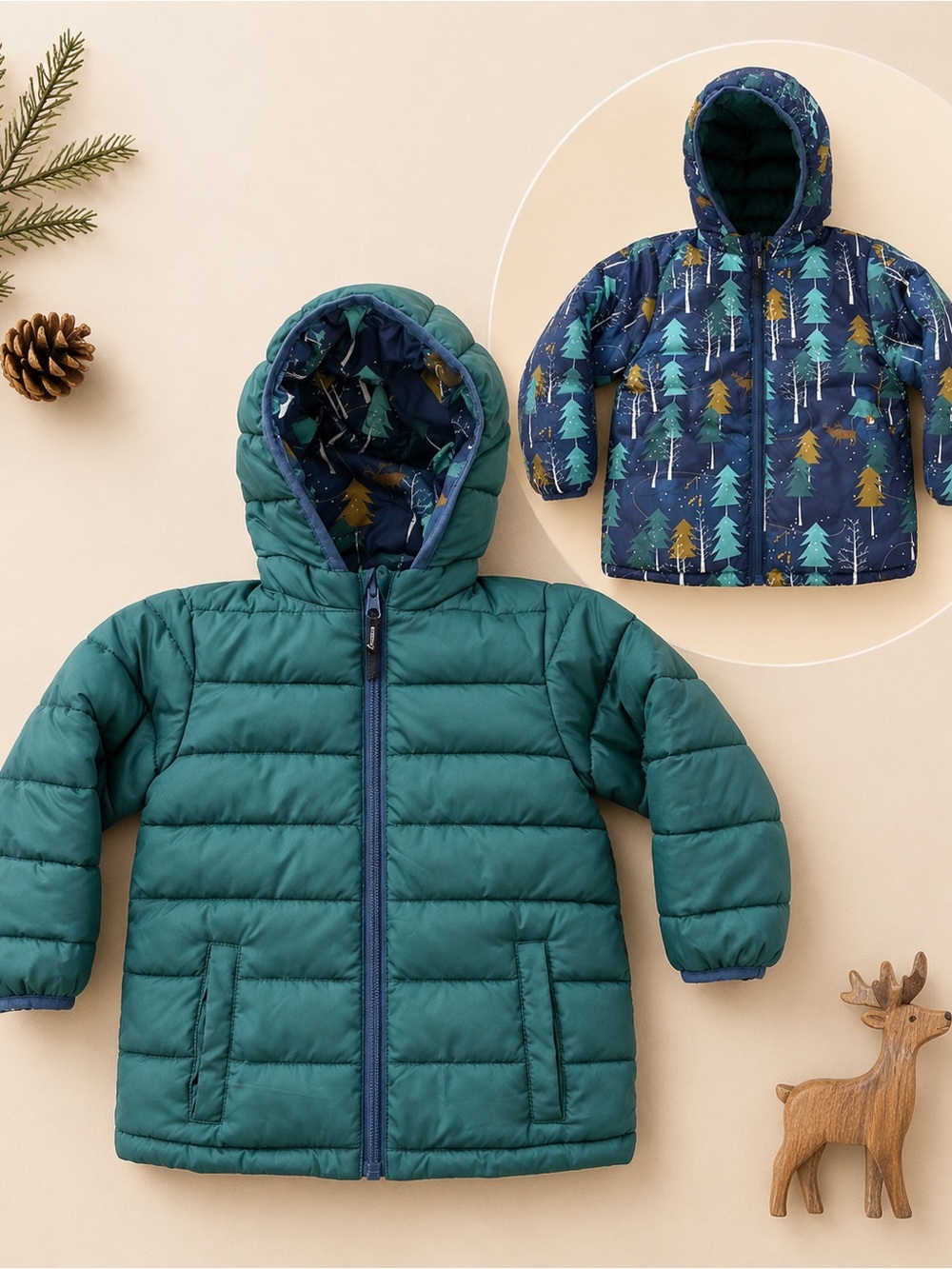 Andy & Evan Boys Reversible Puffer Jacket Forest Print Green Size 3T